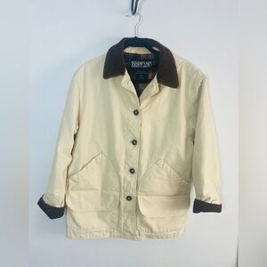 Lands' End Cream Barn Jacket with Brown Corduroy Collar and Plaid Interior